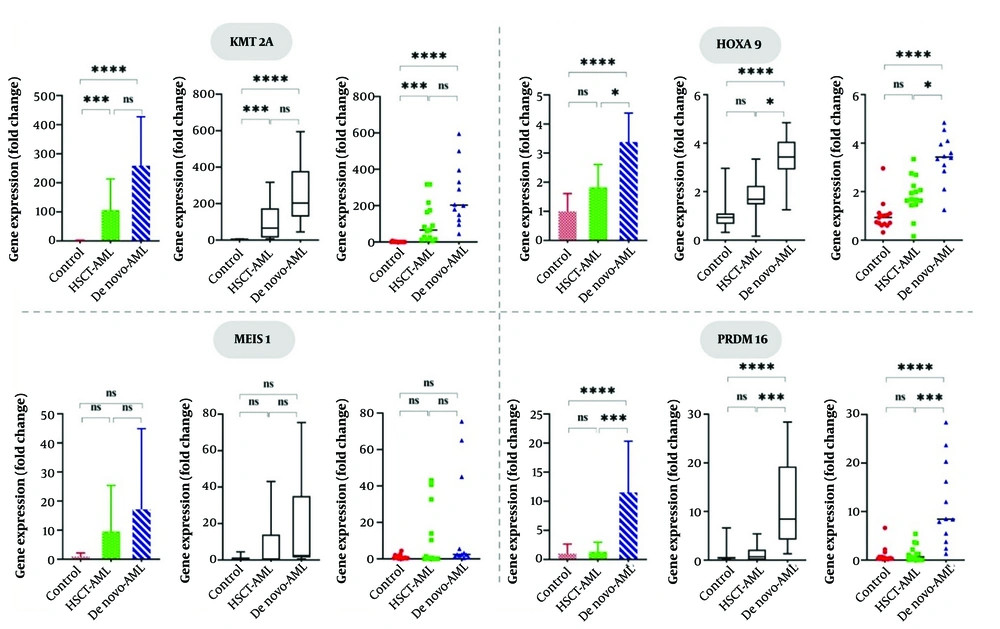 Differential gene expression among study groups; KMT2A and HOXA9 are highly overexpressed in AML subgroups, however PRDM16 overexpression is exclusive to de novo AML, indicating its potential as a diagnostic marker. (*, P < 0.05 ; **, P < 0.01, ***, P < 0.001, ****, P < 0.0001; and ns, not significant, P ≥ 0.05). Differential gene expression among study groups; KMT2A and HOXA9 are highly overexpressed in AML subgroups, however PRDM16 overexpression is exclusive to de novo AML, indicating its potential as a diagnostic marker. (*, P < 0.05 ; **, P < 0.01, ***, P < 0.001, ****, P < 0.0001; and ns, not significant, P ≥ 0.05).