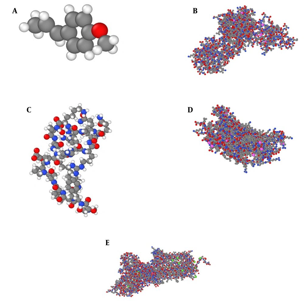Zoomed snapshot of A, the t-anethole drug, B, adiponectin, C, ghrelin, D, leptin, and E, 7X9C neuropeptide Y hormone receptor systems Zoomed snapshot of A, the t-anethole drug, B, adiponectin, C, ghrelin, D, leptin, and E, 7X9C neuropeptide Y hormone receptor systems