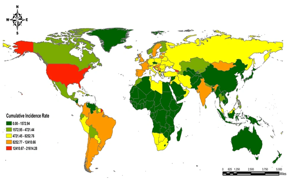 Spatial distribution of cumulative incidence rate (CIR) of COVID-19 from October 2019 to June 2021 worldwide Spatial distribution of cumulative incidence rate (CIR) of COVID-19 from October 2019 to June 2021 worldwide