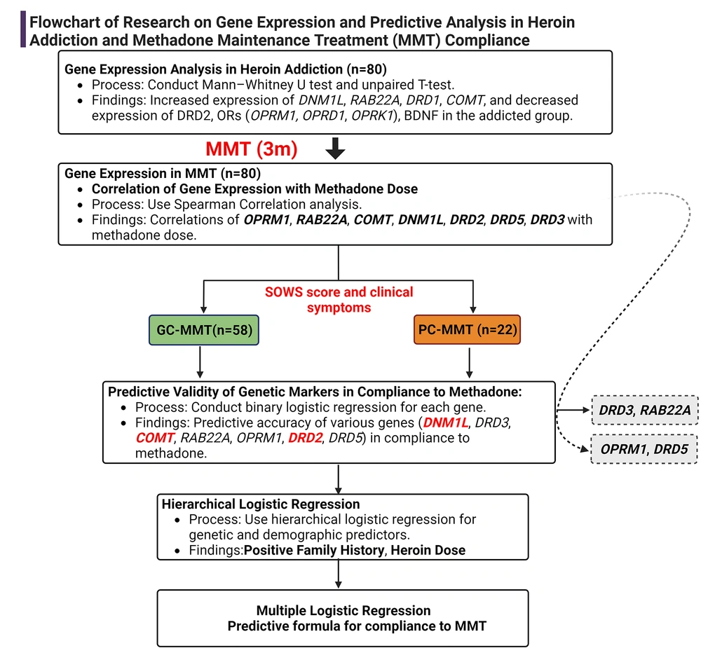 Workflow summarizing gene expression's role in MMT compliance, from analysis to predictive modeling. Created with <a href="https://BioRender.com">BioRender.com</a>. Workflow summarizing gene expression's role in MMT compliance, from analysis to predictive modeling. Created with <a href="https://BioRender.com">BioRender.com</a>.