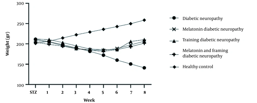Comparison of body weight changes between rats of different groups Comparison of body weight changes between rats of different groups