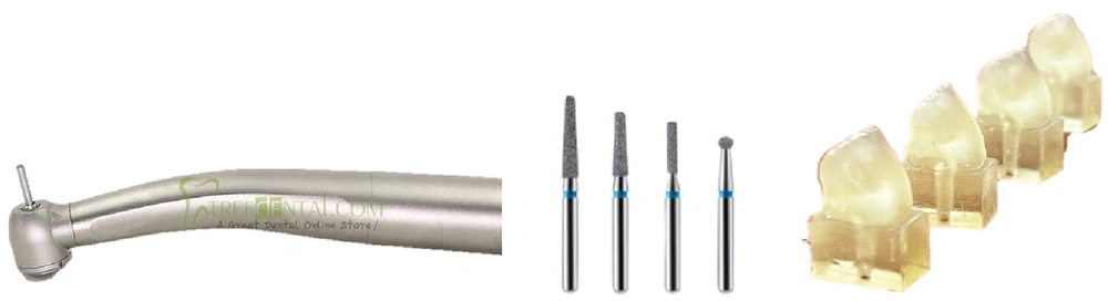 Prepared resin tooth samples (right), diamond burs (center), and high-speed rotary instruments (left) used in the study Prepared resin tooth samples (right), diamond burs (center), and high-speed rotary instruments (left) used in the study