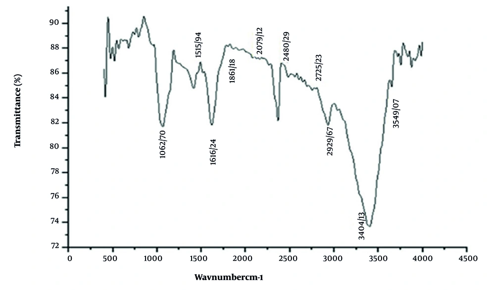 Fourier transform infrared spectroscopy (FTIR) spectrum of aqueous carob seed (<i>Ceratonia siliqua</i> L.) extract showing characteristic functional group peaks; notable absorptions include O-H stretching (3549, 3404 cm<sup>-1</sup>), C-H stretching (2939, 2752 cm<sup>-1</sup>), C=O (1616 cm<sup>-1</sup>), and C=C (1052 cm<sup>-1</sup>), indicating the presence of phenolic compounds, alcohols, and aromatic structures associated with antioxidant activity. Fourier transform infrared spectroscopy (FTIR) spectrum of aqueous carob seed (<i>Ceratonia siliqua</i> L.) extract showing characteristic functional group peaks; notable absorptions include O-H stretching (3549, 3404 cm<sup>-1</sup>), C-H stretching (2939, 2752 cm<sup>-1</sup>), C=O (1616 cm<sup>-1</sup>), and C=C (1052 cm<sup>-1</sup>), indicating the presence of phenolic compounds, alcohols, and aromatic structures associated with antioxidant activity.