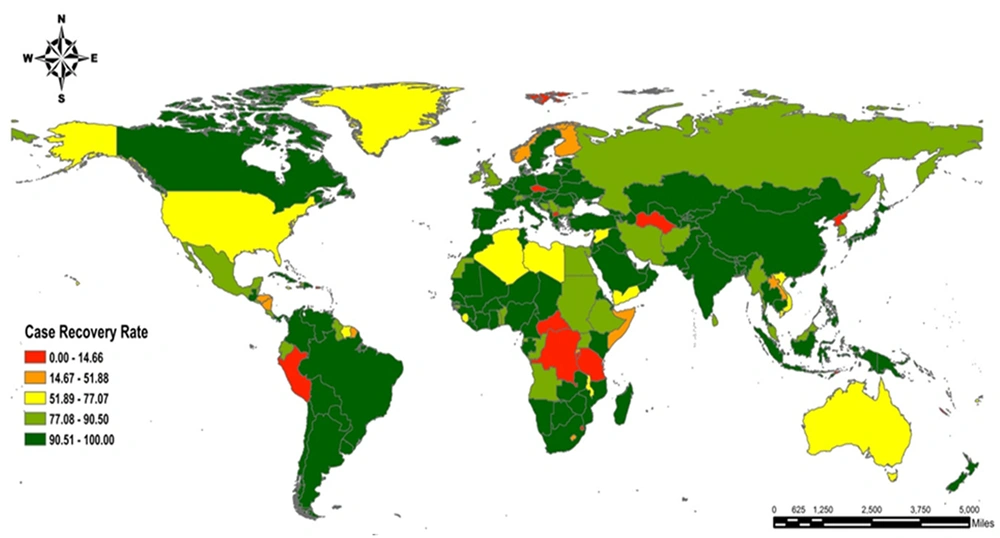 Spatial distribution of case recovery rate (CRR) of COVID-19 from October 2019 to June 2021 worldwide Spatial distribution of case recovery rate (CRR) of COVID-19 from October 2019 to June 2021 worldwide