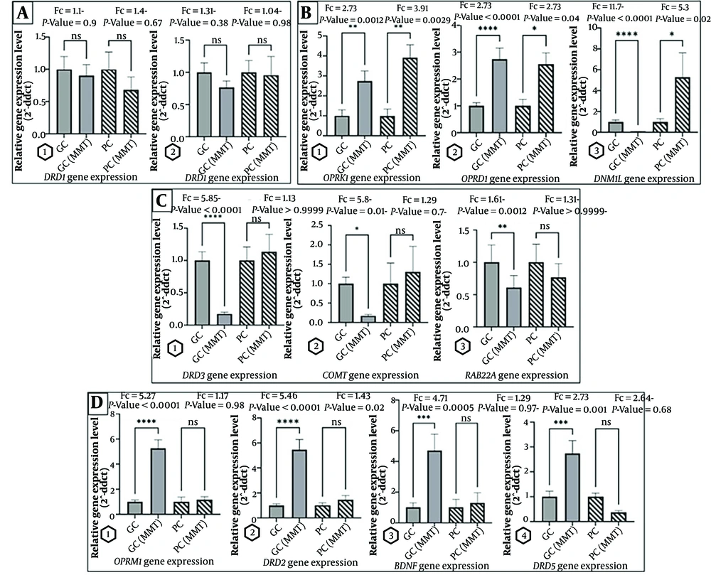 Differential gene expression levels in heroin addicts under MMT (3 months). Good compliance to MMT (n = 58) and poor compliance to MMT (n = 22). Error bars denote the SEM. * P < 0.05, ** P < 0.01, *** P < 0.001, **** P < 0.0001. Differential gene expression levels in heroin addicts under MMT (3 months). Good compliance to MMT (n = 58) and poor compliance to MMT (n = 22). Error bars denote the SEM. * P < 0.05, ** P < 0.01, *** P < 0.001, **** P < 0.0001.