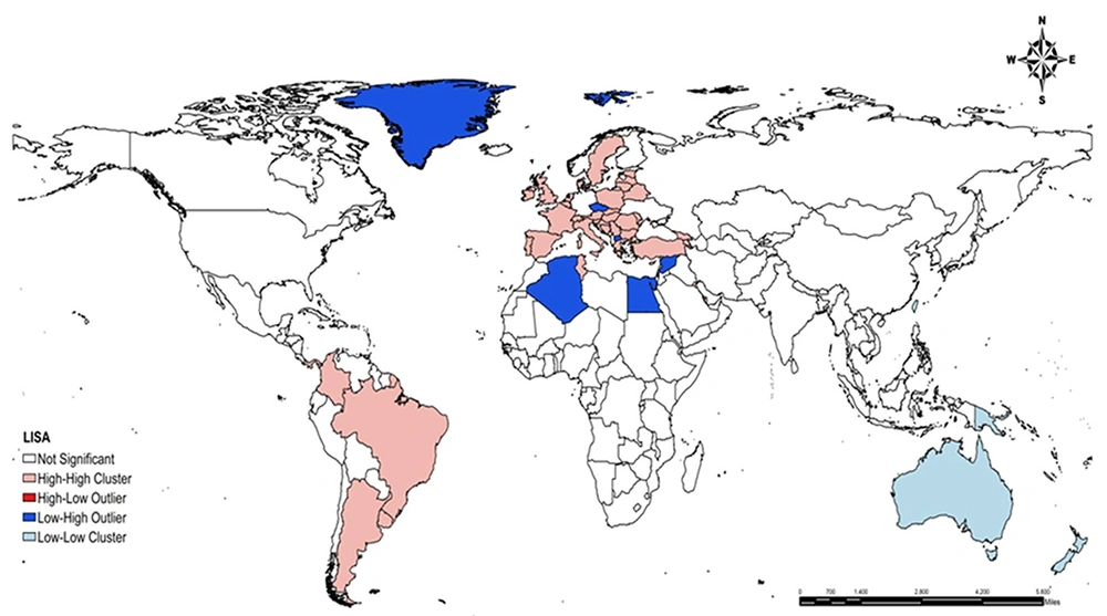 Hot spots and cold spots of COVID-19 in the world using Anselin local Moran's I index Hot spots and cold spots of COVID-19 in the world using Anselin local Moran's I index