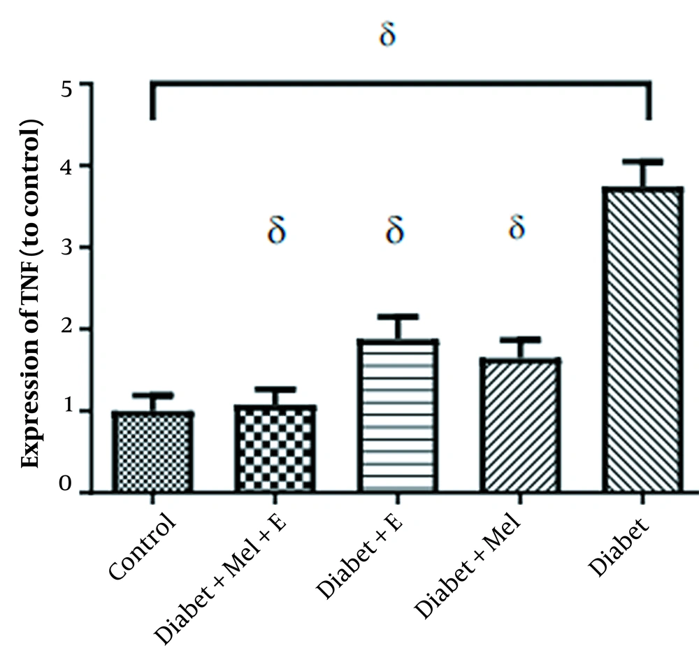 Comparison of mean changes in the levels of <i>TNF-α</i> gene expression between rats of different groups. δ: Significant difference from the diabetes group (P ≤ 0.05). E, Exercise; Mel, Melatonin Comparison of mean changes in the levels of <i>TNF-α</i> gene expression between rats of different groups. δ: Significant difference from the diabetes group (P ≤ 0.05). E, Exercise; Mel, Melatonin