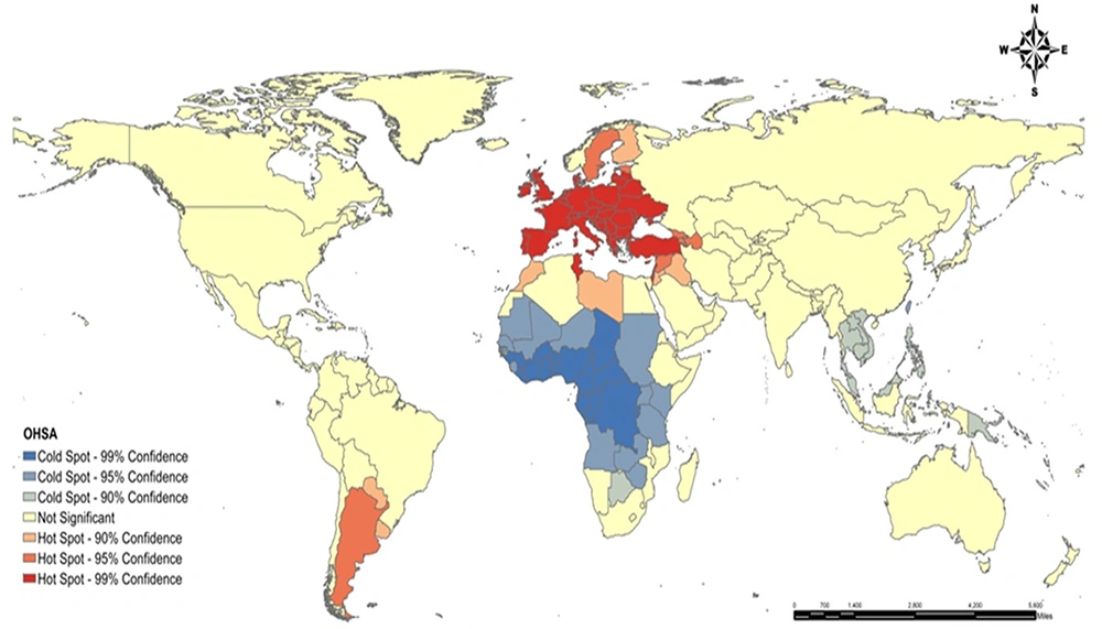 Hot spots (clusters of high values) and cold spots (clusters of low values) of COVID-19 in the world using optimized hot spot analysis (OHSA) Hot spots (clusters of high values) and cold spots (clusters of low values) of COVID-19 in the world using optimized hot spot analysis (OHSA)