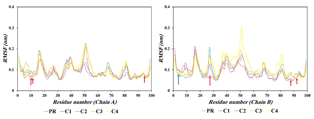 Root mean square fluctuation (RMSF) profiles of human immunodeficiency virus type 1protease (HIV-1 PR) backbone for the apo enzyme and inhibitor complexes. Red arrows indicate decreasing trends; blue arrows indicate increasing trends. Root mean square fluctuation (RMSF) profiles of human immunodeficiency virus type 1protease (HIV-1 PR) backbone for the apo enzyme and inhibitor complexes. Red arrows indicate decreasing trends; blue arrows indicate increasing trends.